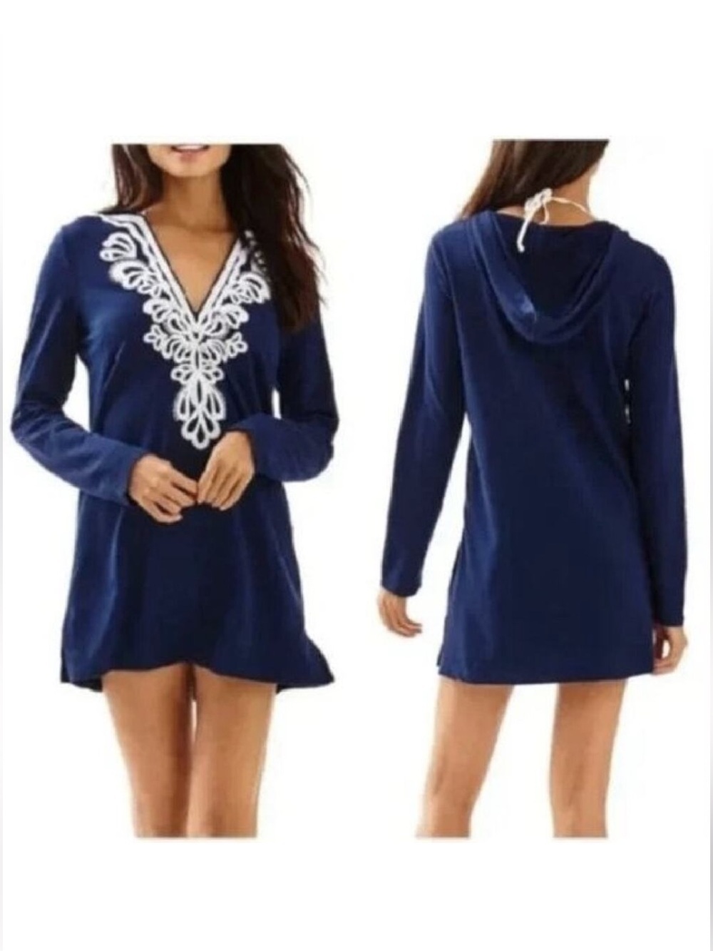 Lilly Pulitzer Noelle Shel Navy Tunic White Embroidery Hoodie Size M